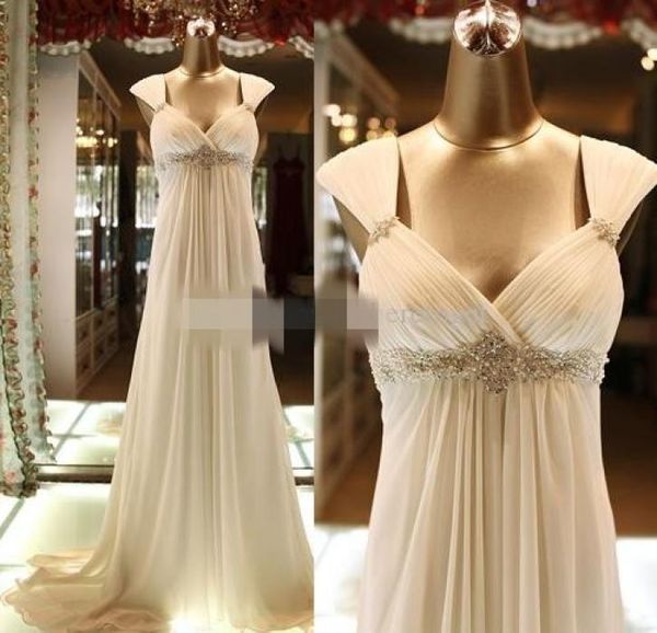 

2020 beach wedding dresses chiffon crystal empire waist straps sweep train pregnant maternity wedding bridal gowns vestido de novi8697817, White