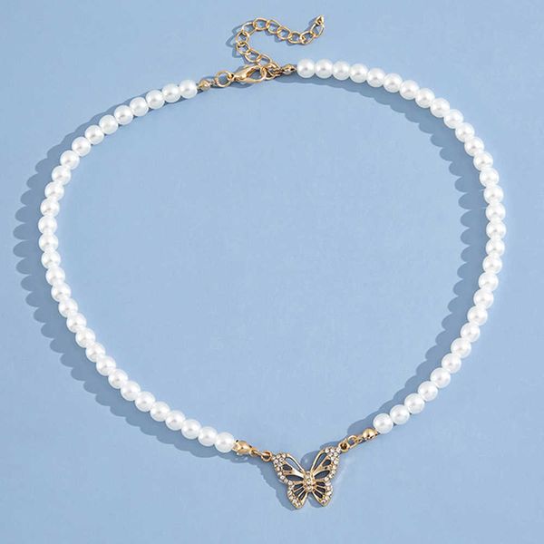 

beaded necklaces fashion rhinestone butterfly pendant pearl necklace for women girls vintage baroque clavicle chain accessories jewelry gift, Silver