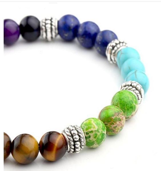 

7 color charm natural indian agate bracelets round shape beads lava stone chakra healing bracelets for women6395269, Golden;silver