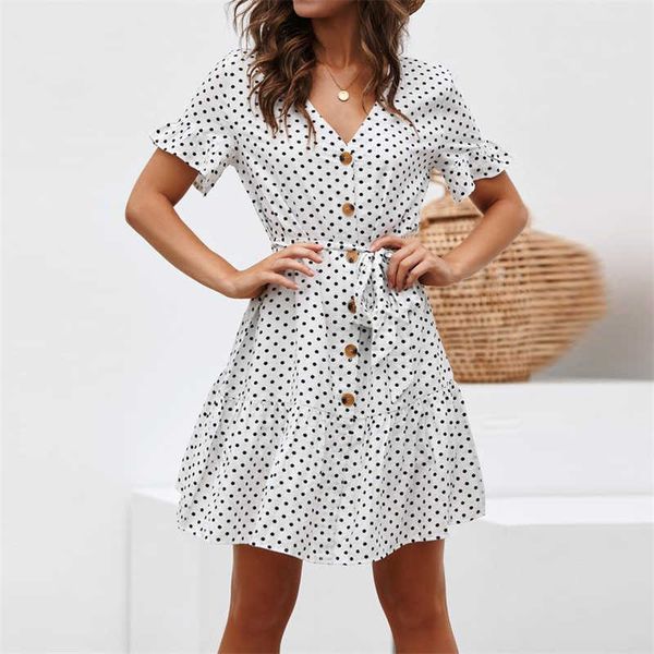 

chiffon summer dress women polka dot boho beach vintage short sleeve party es mini sundress plus size 210611, Black;gray