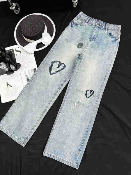 

women's jeans designer spring summer new girls' sweet cute embroidery love waist straight leg wide fo0g, Blue