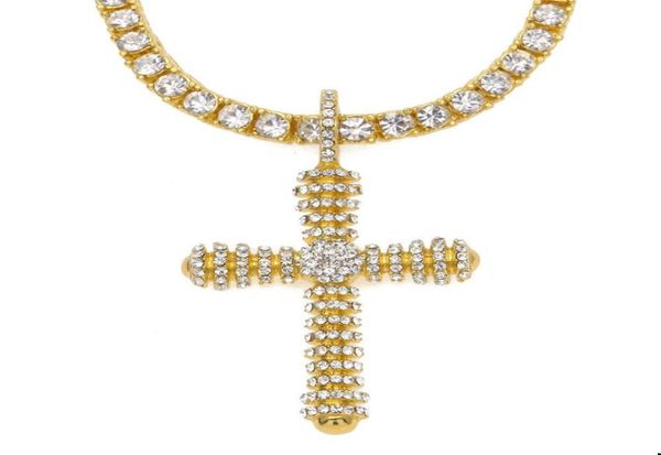 

trendy bling iced out pendant mens rhinestone cross necklace gold plated hip hop crystal cuban chain necklaces pendants men hiph1936291, Silver