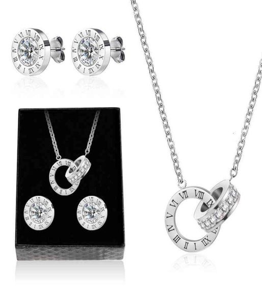 

vcorm luxury roman numeral necklace earrings set for women fashion stainless steel crystal stud earring wedding jewelry gift box1647235, Golden