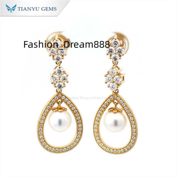 

tianyu gems 10k yellow gold 7.0mm round pearl with def vvs1 moissanite diamond jewelry earrings for women daily wear, Golden