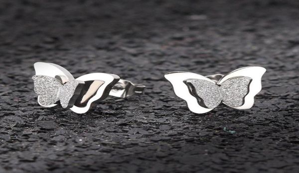 

scrub butterfly stainless steel stud earrings for women double titanium steel rose gold and silvergold fashion stud earrings7416061, Golden;silver