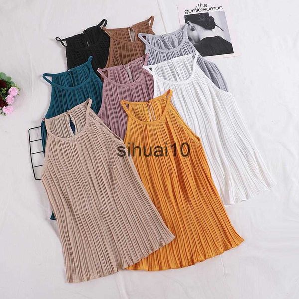 

women's t-shirt women off shoulder summer tank female o-neck streetwear tee pleated solid sleeveless t-shirt for women j230627, White
