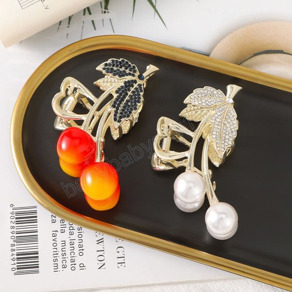 

elegant cherry alloy pearl ladies hair clip fashion solid color metal hairpin ponytail holder girl hair accessories, Slivery;white