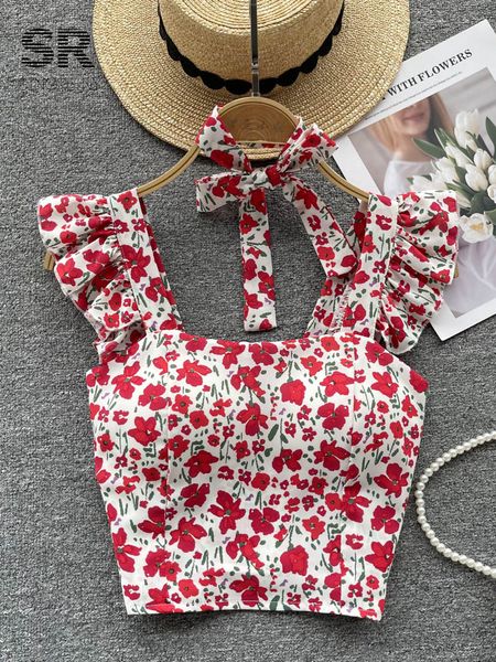 

women's tanks camis singreiny floral print ruffled camisole summer women backless vacation elastic waist ladies beach style y2k slim ta, White