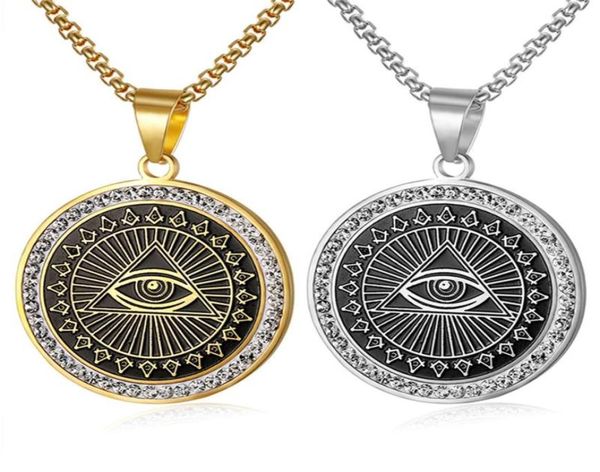

pendant necklaces hip hop mens mason necklace iced out rhinestone illuminati allseeing eye coins round charming9449315, Silver