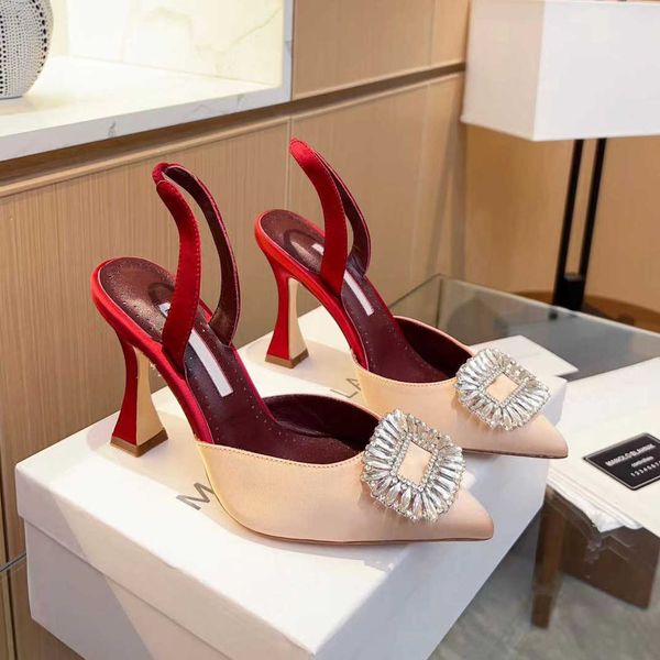 

rear sling high-heeled dress shoe pumps women's sandals silk fabric rhinestone decoration pointed toes evening shoes luxury designers h, Black