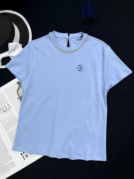 

women's t-shirt designer summer new girls' style simple and stylish, slim age reducing nail bead crystal necklace printed short sl, White