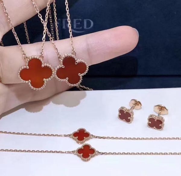 

chinese red clover s925 silver necklace bracelet female earrings original design high version seamless technology8803292