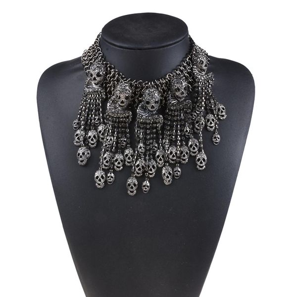 

luxury crystal rhinestone skull tassel choker necklace women maxi chunky chains fringe statement large collar necklaces pendants2532870, Silver