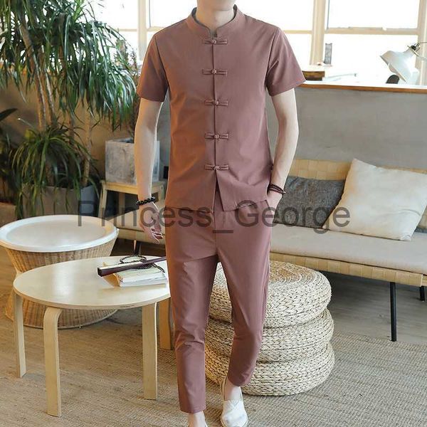 

men's tracksuits (shirt pants) 2023 summer fashion trend mens shirt men cotton linen suit short sleeve men shirt full size m5xl x0627, Gray