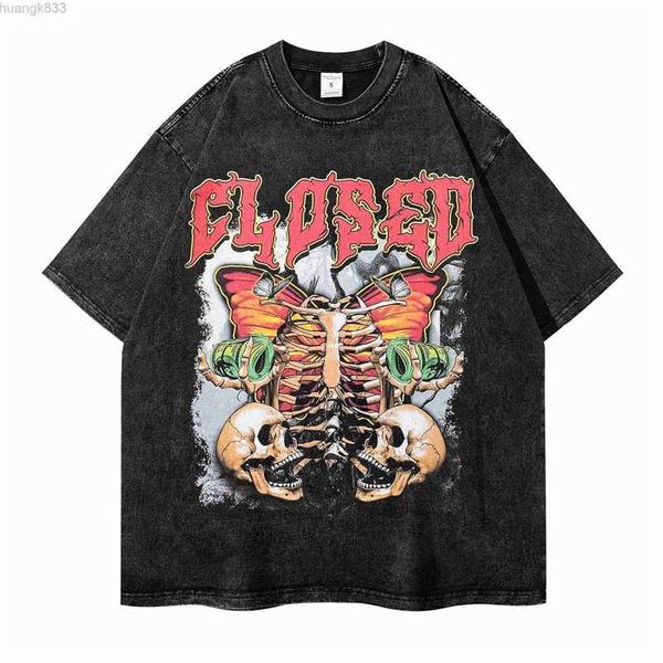 

american high street loose t-shirt printed stir fried snowflake short sleeve t-shirt co branded skeleton short sleeve t-shirt men's sum, White;black