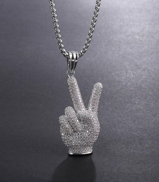 

hip hop full a cz stone paved bling ice out victory gesture pendants necklace for men rapper jewelry silver color3116397