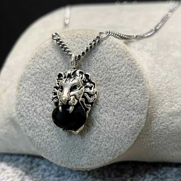 

lion head necklace black diamond animal sterling silver pendant crystal