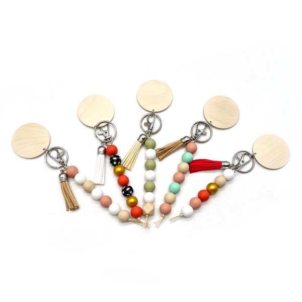 

personalized custom name wood bead tassel initial keychain with disc bag pendant car beaded key chain, Silver