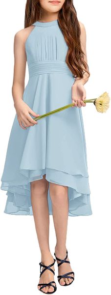

chiffon flowy dresses flower girls asymmetrical with ruffles sleveless swing party gowns a-line dress, Red;yellow