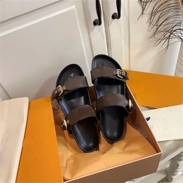 

2023 designer leather womens sandals bom dia flat mule cool effortlessly stylish slides 2 straps with adjusted gold buckles women, Black