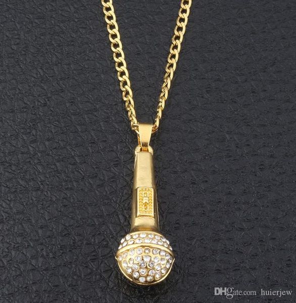

bling bling hip hop jewelry ice out music stereoscopic microphone pendants necklaces plated gold chain necklace6884767, Silver