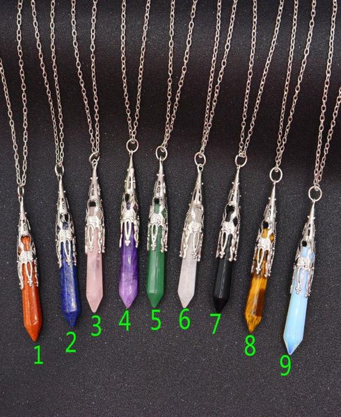 

natural stone bullet pendant necklace hexagonal prism necklaces gemstone rock natural crystal quartz healing point necklaces2482331, Silver