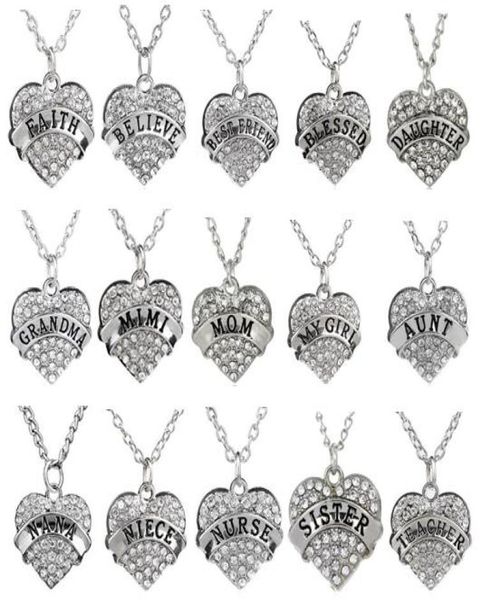

5pcslot clear rhinestones heart pendant necklace with aunt blessed hope mom grandma daughter etc word letters fit for family gif9776514, Silver