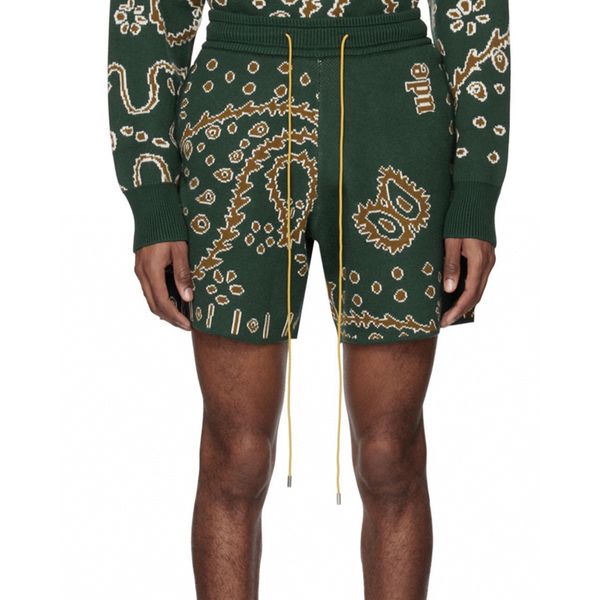 

23ss summer men knitted shorts streetwear europe usa vintage pocket bandanna pattern paisley wool drawstring bottoms pants dark green