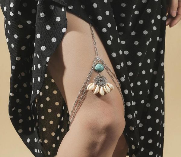 

bohemian natural green stone shell pendants leg chain for women double layer silver color metal chain thigh chain body jewelry6227921