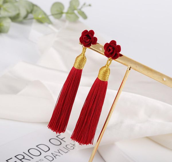 

boho crystal long tassel drop earrings for women ethnic geometric rose flower sign dangle statement earring fashion jewelry in bul7961197, Silver