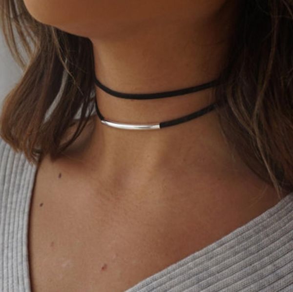 

2019 new fashion bending tube velvet choker necklace double layer style torque black short leather necklace charm collier femme3416389, Golden;silver