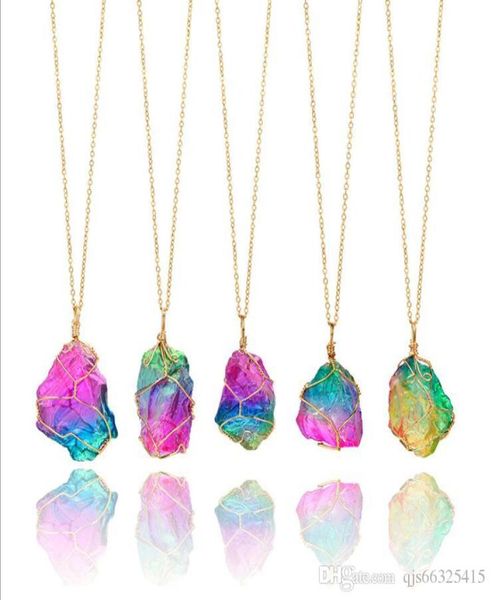 

fashion natural stone crystal cutting lines shine rainbow colors necklace agate pendantseven color natural raw stone winding neckl8278074, Silver