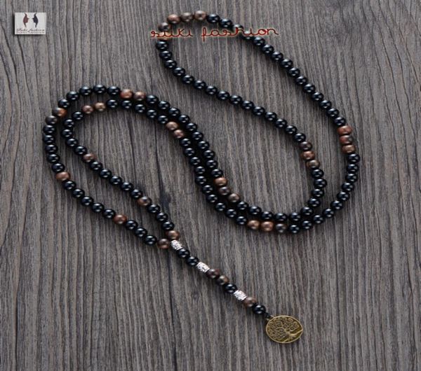 

men necklace quality 6mm black agate wood beads with tree pendant mens rosary necklace wooden beads mens jewelry3820190, Silver