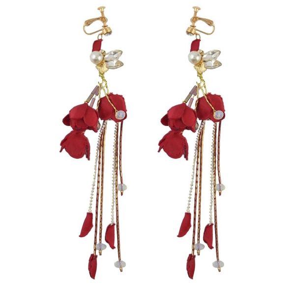 

fashion tassels alloy red cloth flower crystal faux pearl statement drop dangle earrings clip women039s engagement gift5596998, Silver