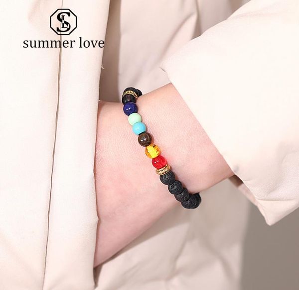 

6mm lava stone 7 chakras beads charm bracelet for women men fashion essential oil diffuser energy yoga elastic bracelet jewelry7670843, Black