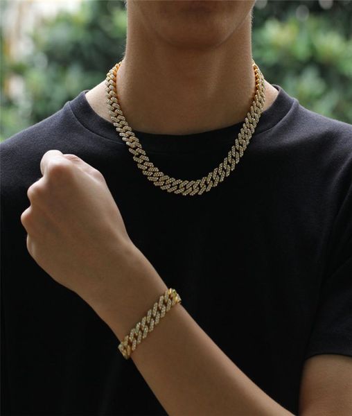 

12mm cuban link chain gold silver alloy necklace bracelet iced out crystal rhinestone bling choker necklaces hip hop jewelry for m2015925, Golden;silver