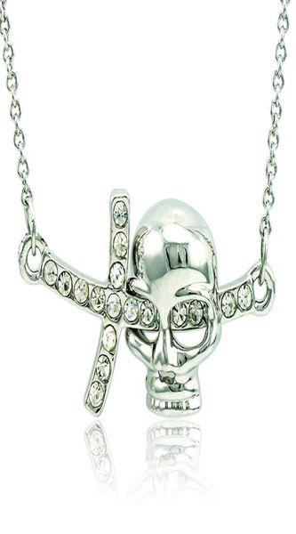 

brand new pendant necklace fashion white rhinestone skull cross charms silver plated necklace for men jewelry8883289