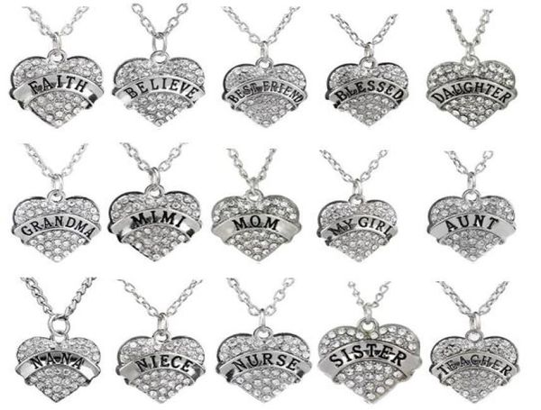 

5pcslot clear rhinestones heart pendant necklace with aunt blessed hope mom grandma daughter etc word letters fit for family gif9513191, Silver