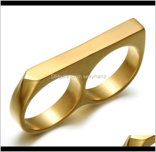 

band rings drop delivery 2021 personality simple punk stainless steel gold plating two finger hip hop jewelry double fingers ring 6653886, Silver