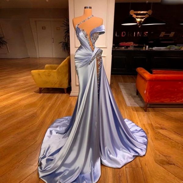 

sky blue mermaid prom dresses ruffles beaded elegant sweep train evening gowns robe de soiree formal party dress custom made, Black