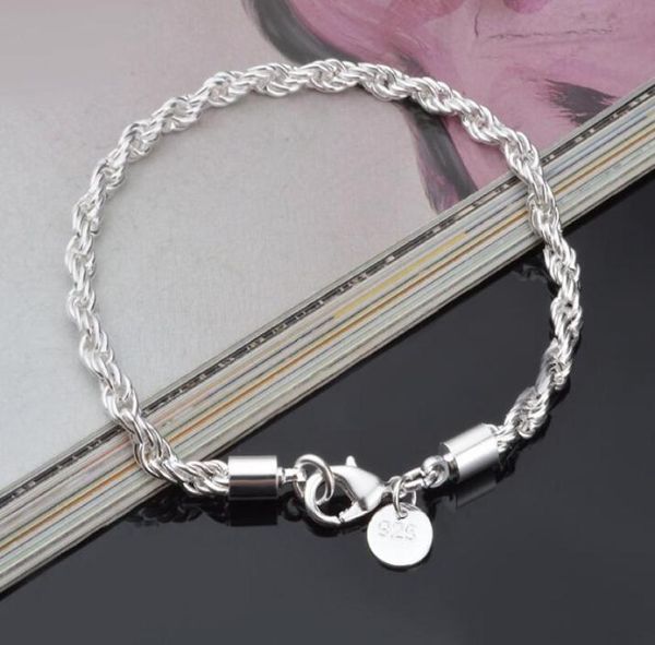 

3mm 4mm width 20cm length rope chain link bracelet fashion 925 sterling silver plated jewelry bracelets whole4943965, Black