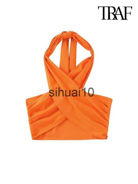 

women's t-shirt traf women fashion with pleats tied halterneck tank vintage backless elastic side zipper female camis mujer j230627, White