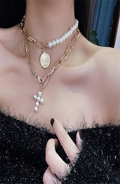 

pearl cross chain queen coin short pendant necklace women jesus lord prayer jewelry accessories link chain two pieces set3857866, Silver