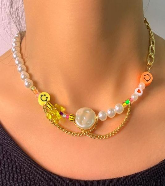 

chokers korean creative yellow orange face bear pearl beaded necklace for women asymmetry splicing metal chain choker fun design j9610479, Golden;silver