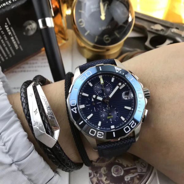 

ceramic bezel ring 42mm quartz chronograph sports watch nylon tape original buckle 300m cal 16 men's wristwatch, Slivery;golden