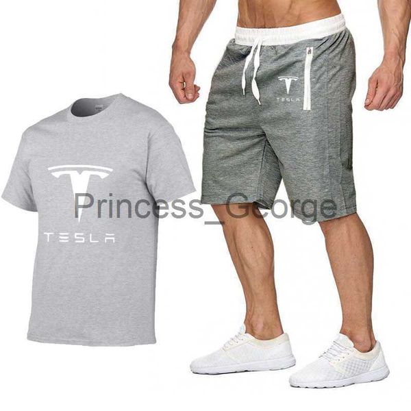 

men's tracksuits summer men's suit tesla printed clothes fashion casual sportswear suit mans short sleeve cotton tshirt shorts 2pi, Gray