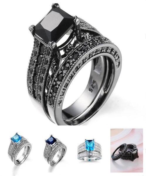 

black diamond aquamarine engagement rings vintage wedding rings creative fashion zircon princess cut ring ladies hand custom7899350, Golden;silver