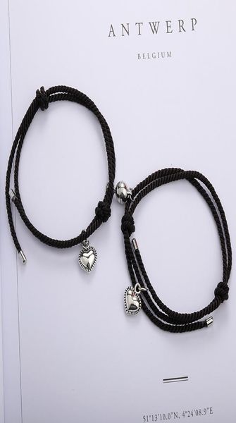 

lucky rope couple bracelet red black rope knot braided magnetic buckle heart charm bracelets friendship jewelry1295980, Golden;silver