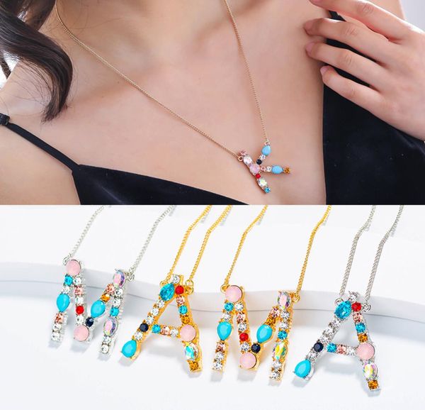 

new 26 letters initial designer necklace for women rainbow cubic zirconia cz diamond alphabet pendant gold silver chains disc jewe8135812
