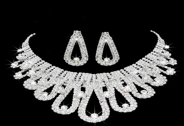 

romantic pearl designer jewelry with crystal two pieces earrings necklace rhinestone wedding bridal sets jewelry set2699104, White